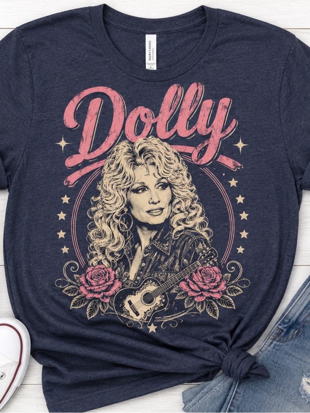 Bella Canvas Navy Dolly Graphic Tee with Pink and Cream Print